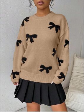 Khaki Bow Pattern knit Sweater